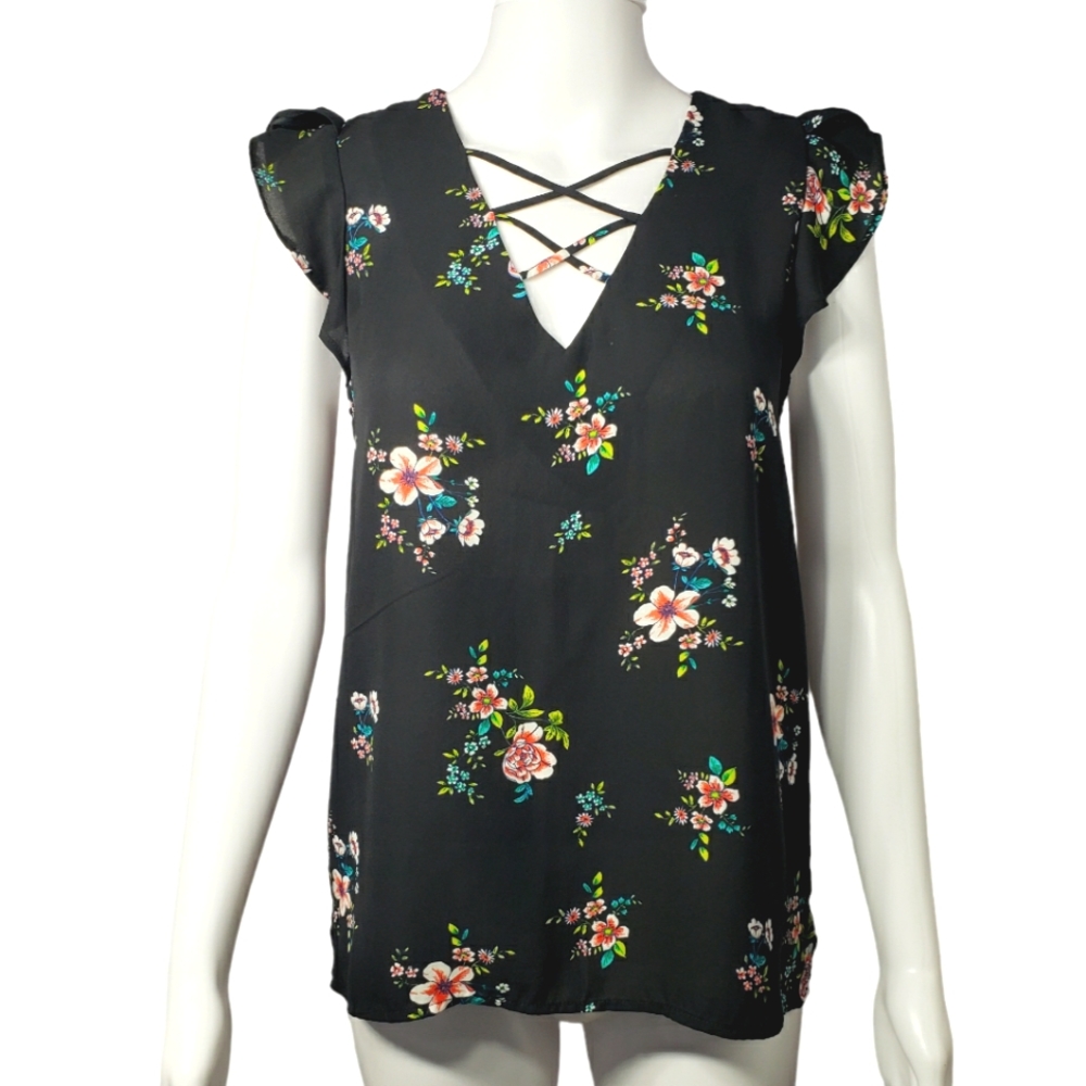 Crescent & Willough Sleeveless Blouse Black Floral Print, Size Small